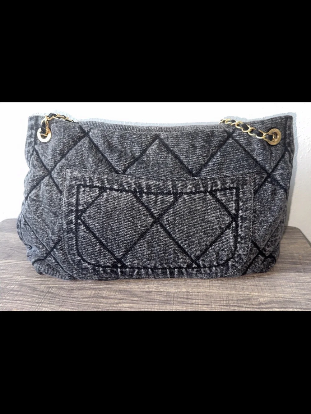 CHANEL Quilted Gray Shoulder Tote with Gold Chain Trim